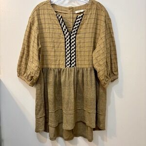 Oddy Cotton Blouse Dress Block Tan Multicolor Boho Crochet Detail Buttons Puff